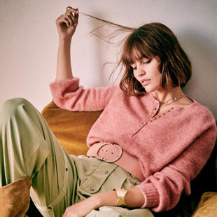 现货23年冬季新款法式慵懒风马海毛半开领纽扣宽松套头糖果色毛衣