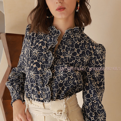 法式轻奢棉花朵刺绣花瓣立领衬衫