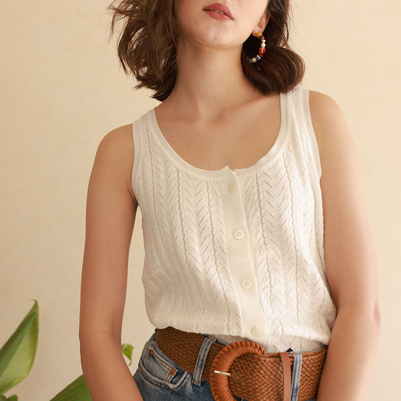 法式小众复古极简纯棉针织提花低圆领纽扣宽松无袖开衫背心女上衣