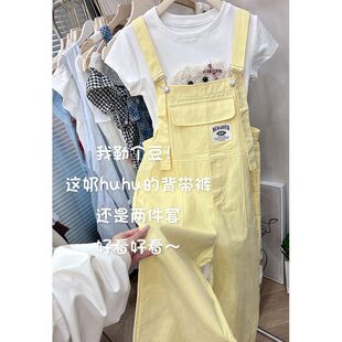 美式复古多巴胺背带裤套装女学生韩版宽松夏季新款小狗短袖两件套