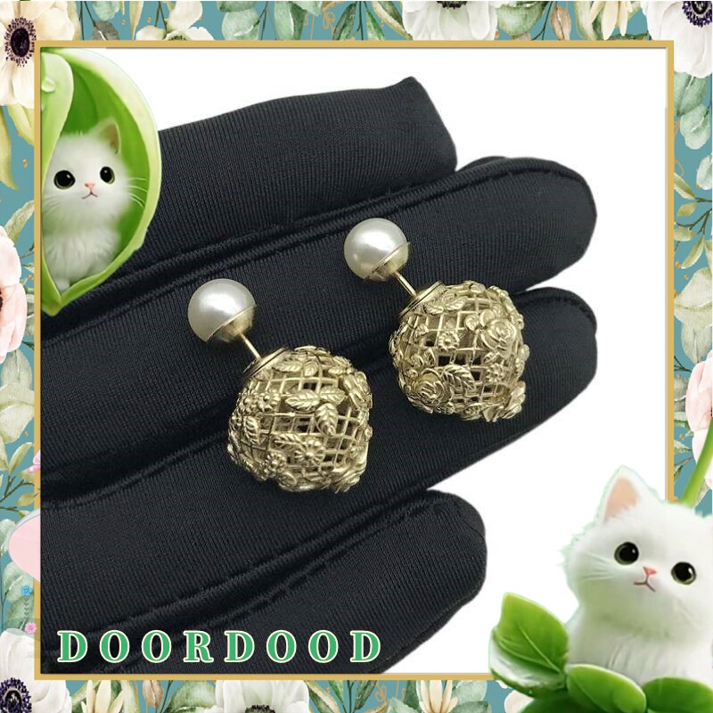 D O O R D O O D家高端耳环复古浮雕花朵镂空圆球珍珠耳钉女耳饰