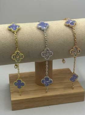 高端顺韵四叶草V金材质彩紫粉贝果冻粉黑玛瑙间钻厚镀18K五花手链