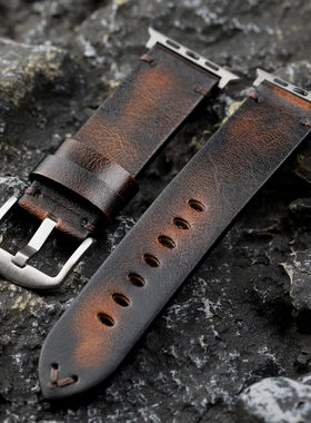 手工头层牛皮表带适配Apple watch 49MM 46MM 45MM擦色做旧男表链