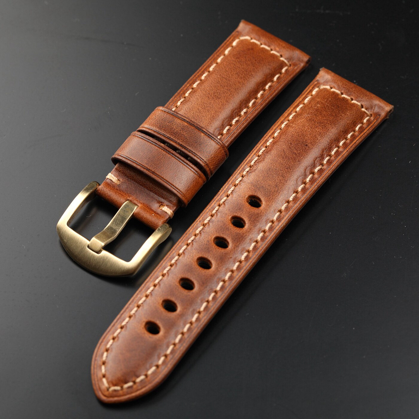 高端油蜡皮表带18 19 20 21 22 23 24 26MM黄棕适配胖大海铜表链