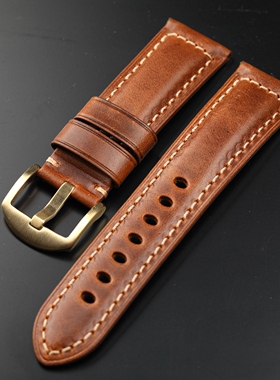 高端油蜡皮表带18 19 20 21 22 23 24 26MM黄棕适配胖大海铜表链