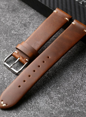 手工薄棕黑色牛皮表带简约风18 19 20 22MM适配劳水鬼GS精工海鸥