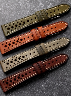 手工透气真皮表带18 19 20 22mm棕灰做旧复古男士表链适配古董劳
