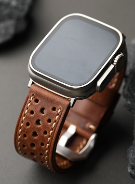 手工意大利牛皮表带透气孔适配Apple watch 49MM 46MM 45MM 44MM