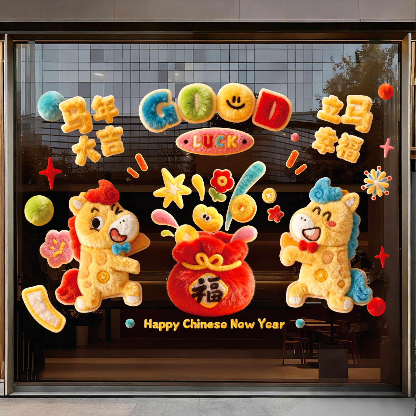 2026元旦马年玻璃门贴纸春节过年橱窗贴福字窗花静电贴画新年装饰