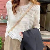 打底衫 新款 长袖 女春季 上衣潮镂空针织衫 2025宽松显瘦外穿毛衣薄款