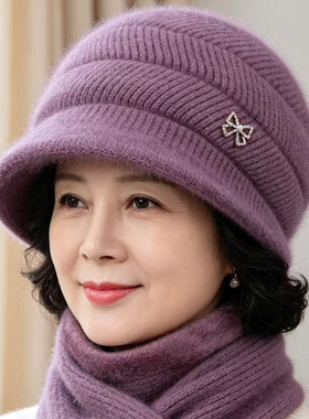 冬季加绒保暖中老年女针织毛线帽