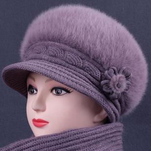 中老年人帽子女秋冬天妈妈兔毛线帽加绒厚奶奶老太太保暖针织棉帽