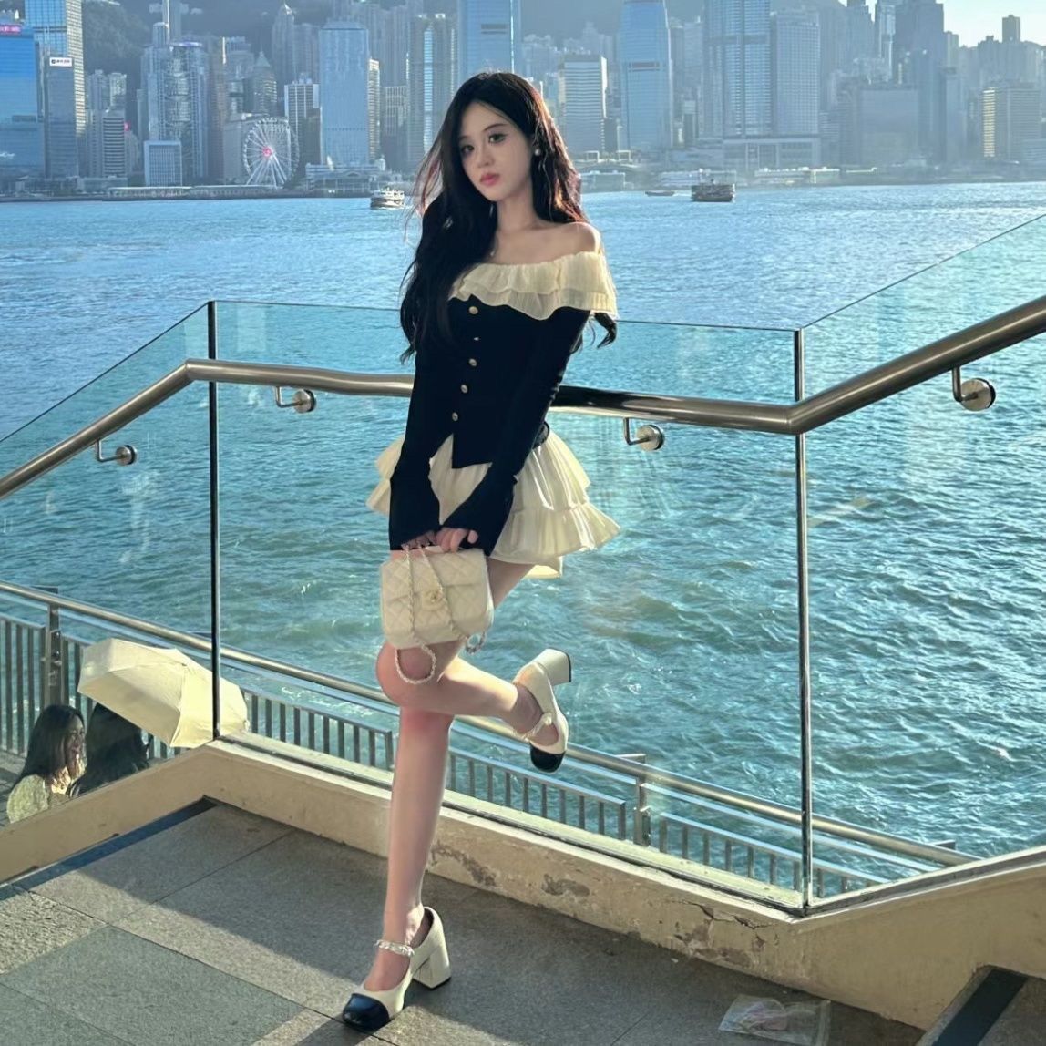 秋季网红同款辣妹一字肩甜美荷叶边上衣+百褶蓬蓬蛋糕短裙套装女