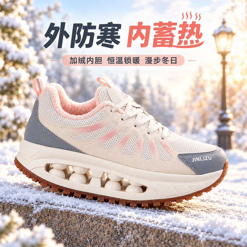 金力足女鞋冬季加绒保暖棉鞋厚底增高减震健步摇摇鞋佳木斯运动鞋