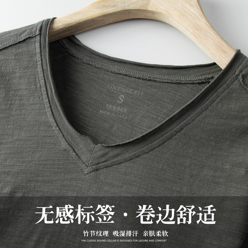 春季白色内搭V领打底衫宽松百搭做旧毛边天竺竹节棉T恤男长袖