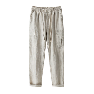 夏季薄款工装亚麻裤男宽松大码直筒休闲棉麻男裤复古纯麻料长裤子
