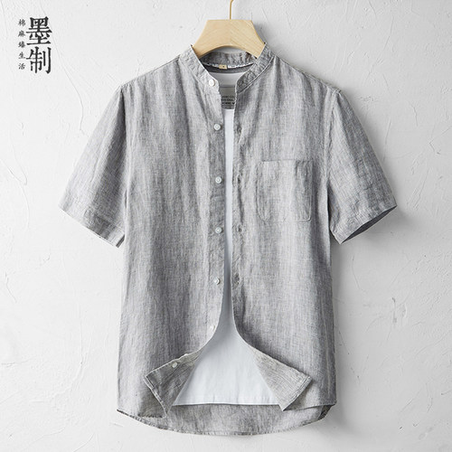 大码立领棉麻外穿百搭短袖衬衣