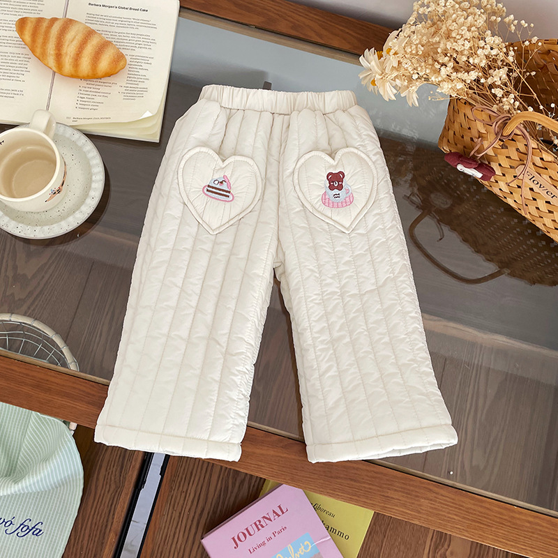 DK257025儿童夹棉裤2025冬季新款中腰竖纹绗棉爱心口袋女童休闲裤