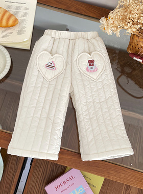 DK257025儿童夹棉裤2025冬季新款中腰竖纹绗棉爱心口袋女童休闲裤