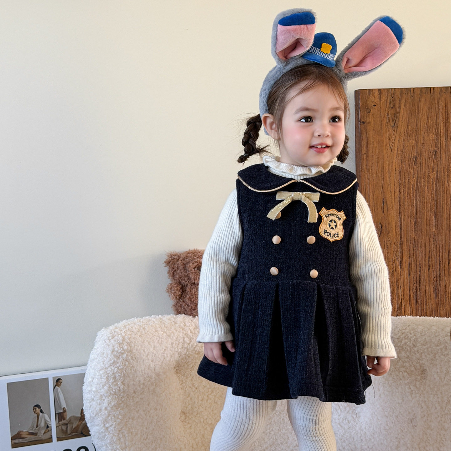 女童连衣裙冬装新款兔子警官儿童公主裙婴儿宝宝裙子周岁女宝礼服