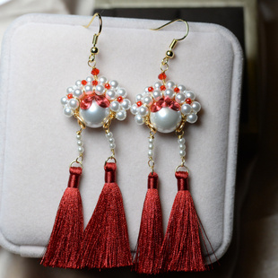 白贝珠刀马旦民族风耳坠结婚用品喜气红流苏小众设计耳环轻奢耳饰