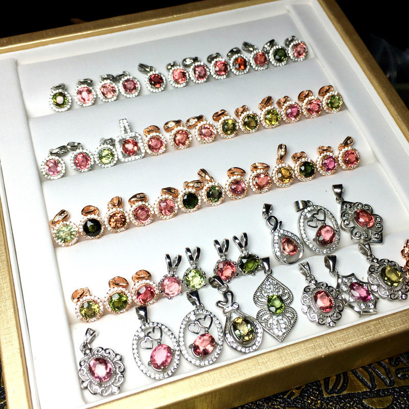 正品天然碧玺项链女s925银镶嵌镀18k玫瑰金红粉绿色吊坠生日礼物