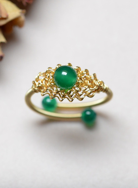 原创手工天然绿玛瑙戒指活口14k