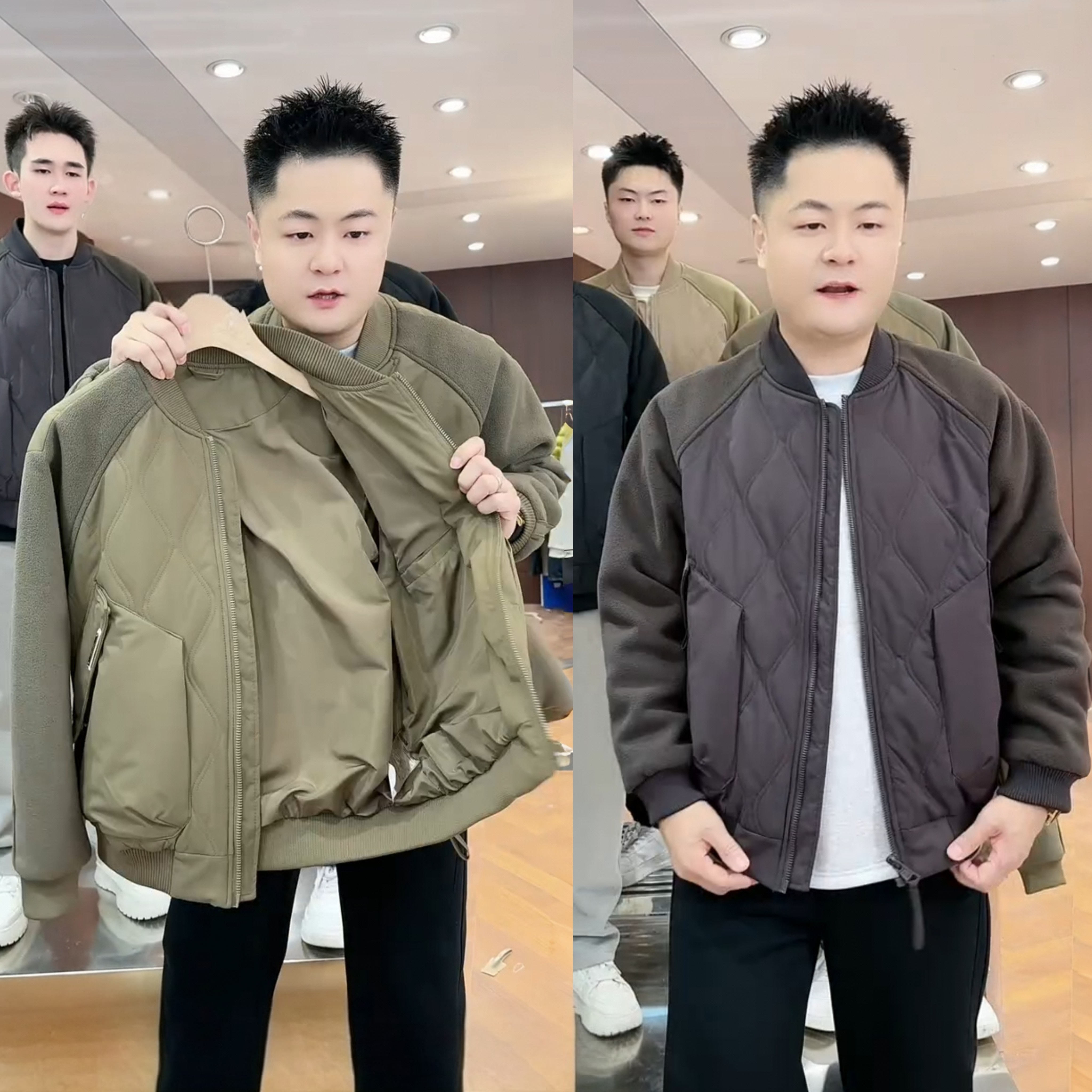 菱形格摇粒绒加厚保暖棉服外套