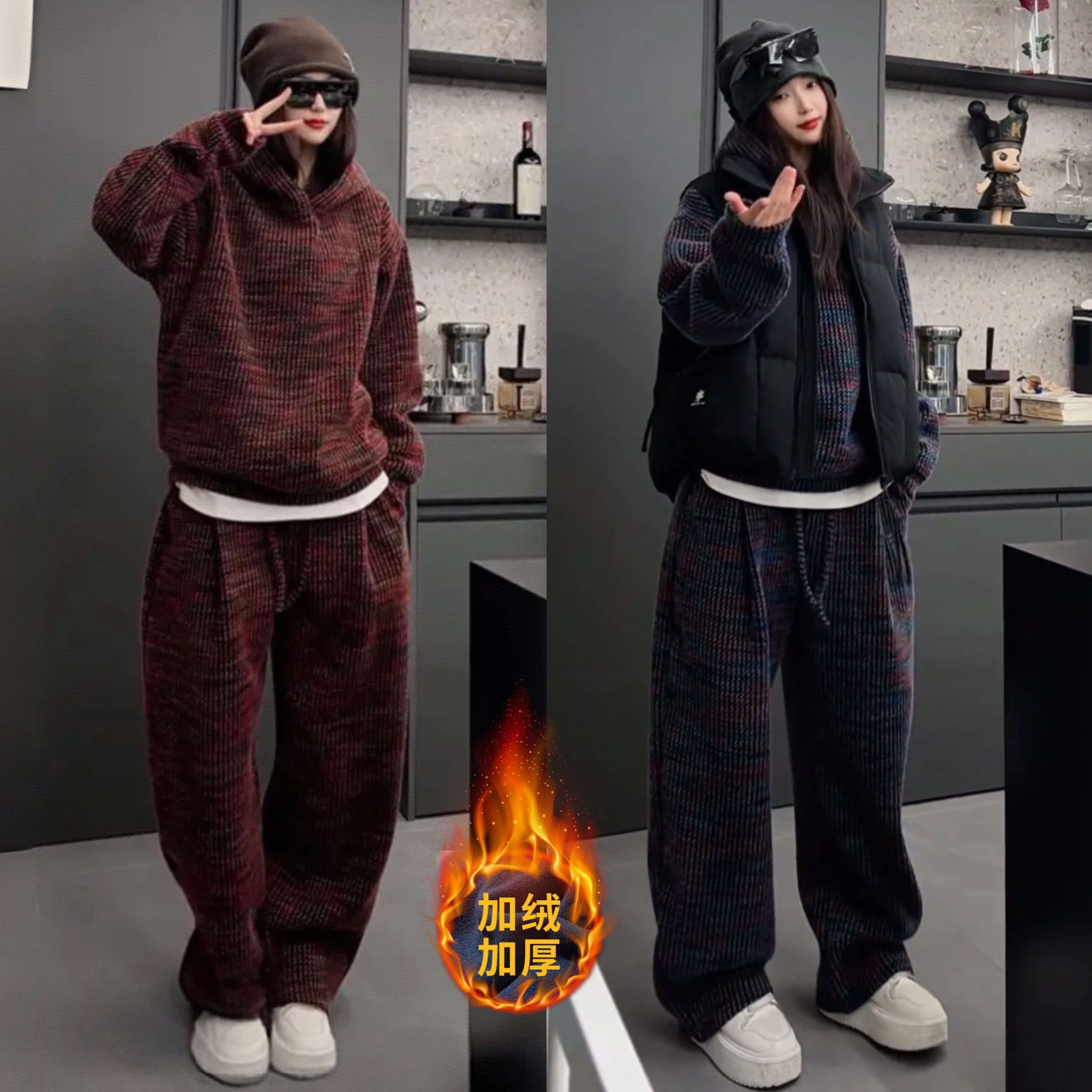 重磅加绒色织提花休闲套装