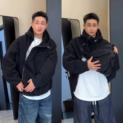 双拉链设计重磅连帽卫衣