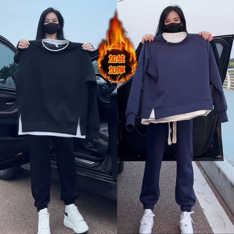 秋冬加绒保暖假两件圆领卫衣直筒裤子休闲套装情侣款潮流运动套装