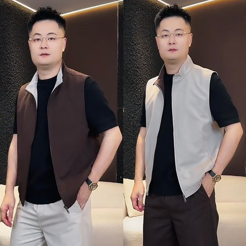 秋季新款老钱风纯色立领马甲男士高级感时尚百搭宽松坎肩商务马夹