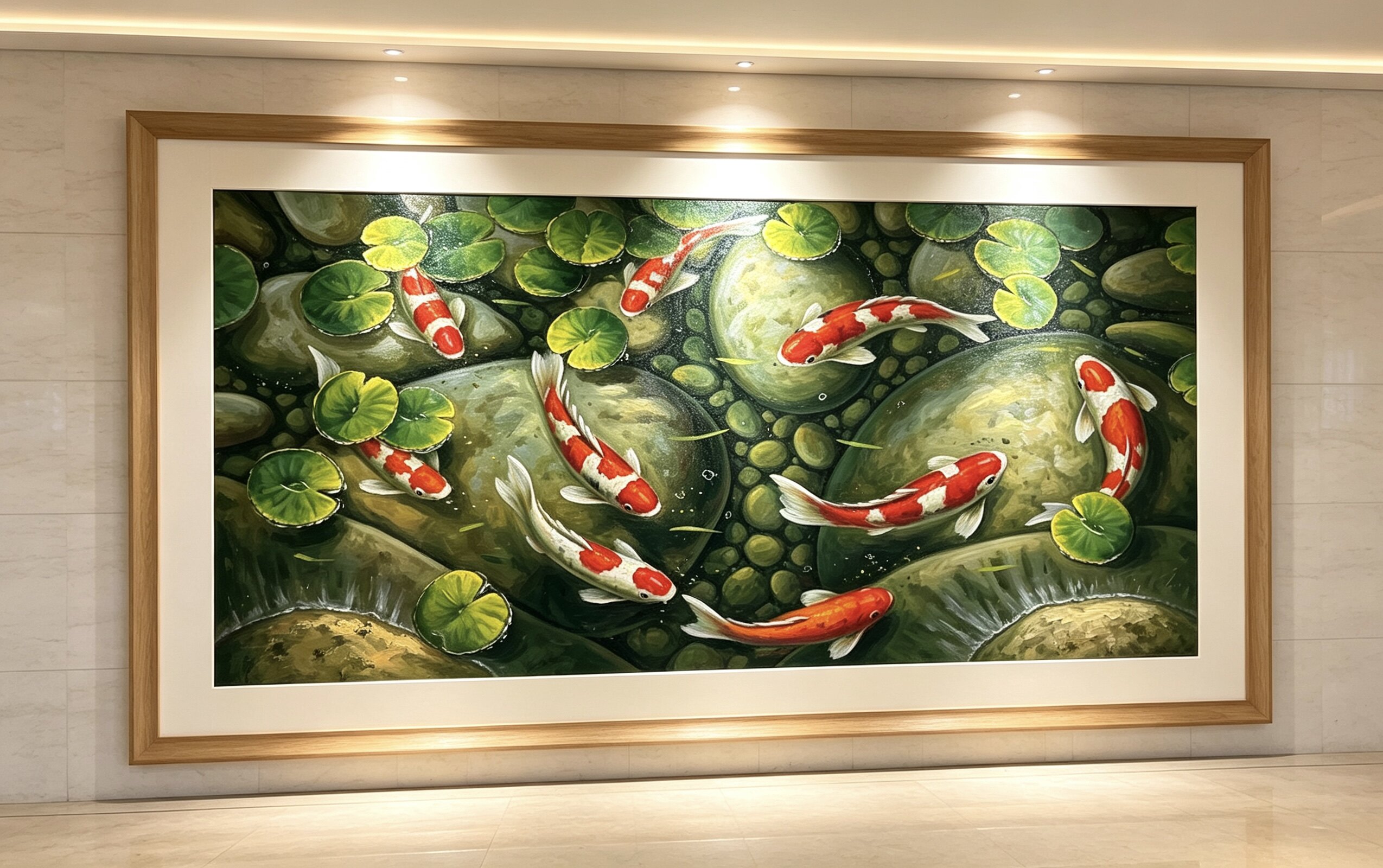 九鱼图手绘油画入户玄关装饰画中古风荷花锦鲤年年有余中式挂画图片