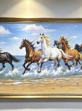 高级感纯手绘油画客厅玄关装饰画办公室壁画八骏马图挂画马到成功
