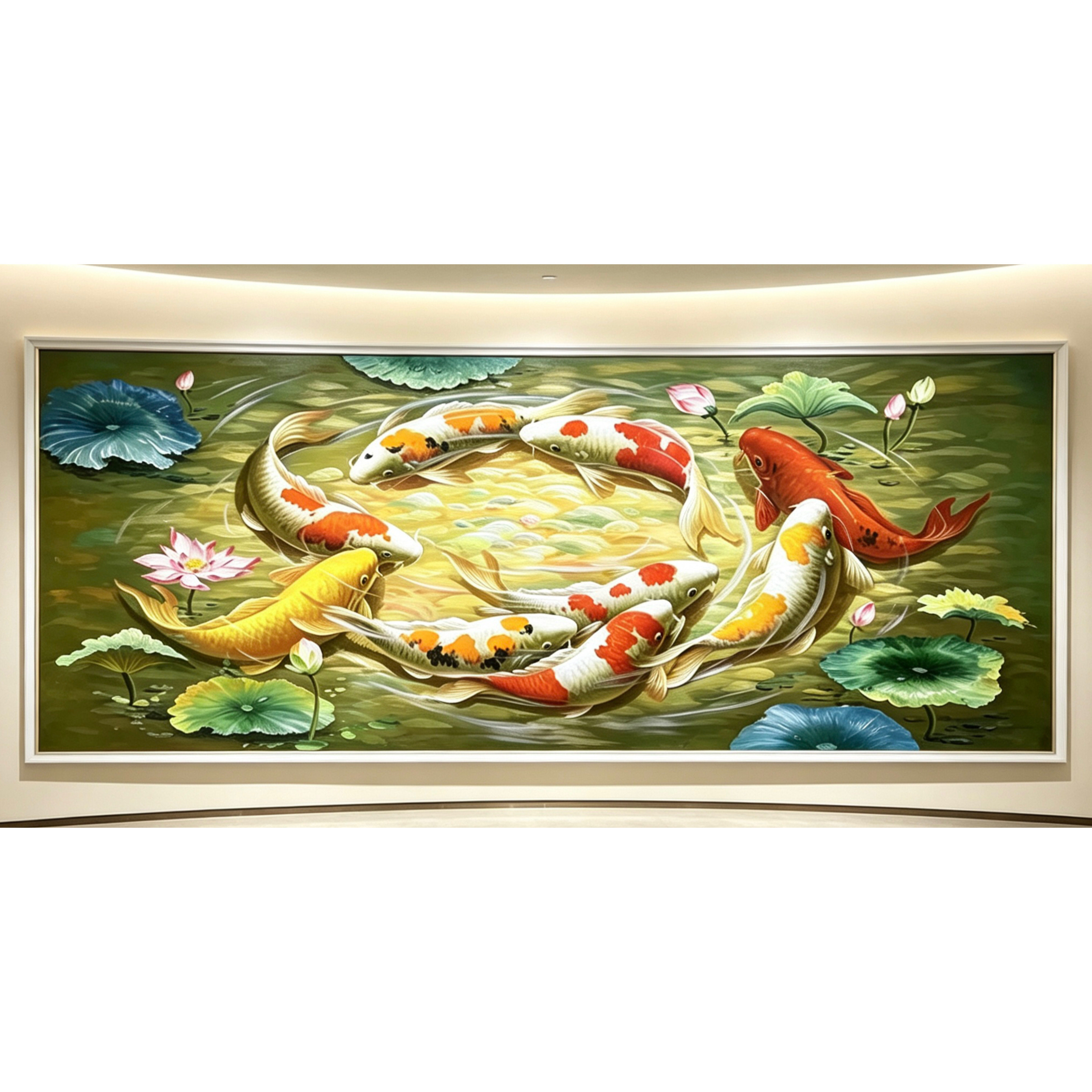 九鱼图圆形纯手绘油画樱花锦鲤装饰画客厅玄关挂画寓意好餐厅壁画图片