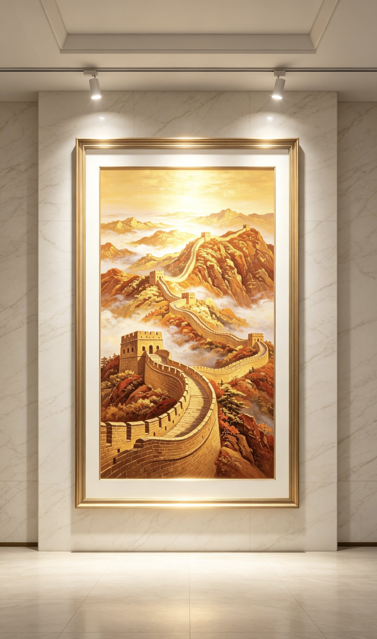 中式高档手绘万里长城油画竖版金油画