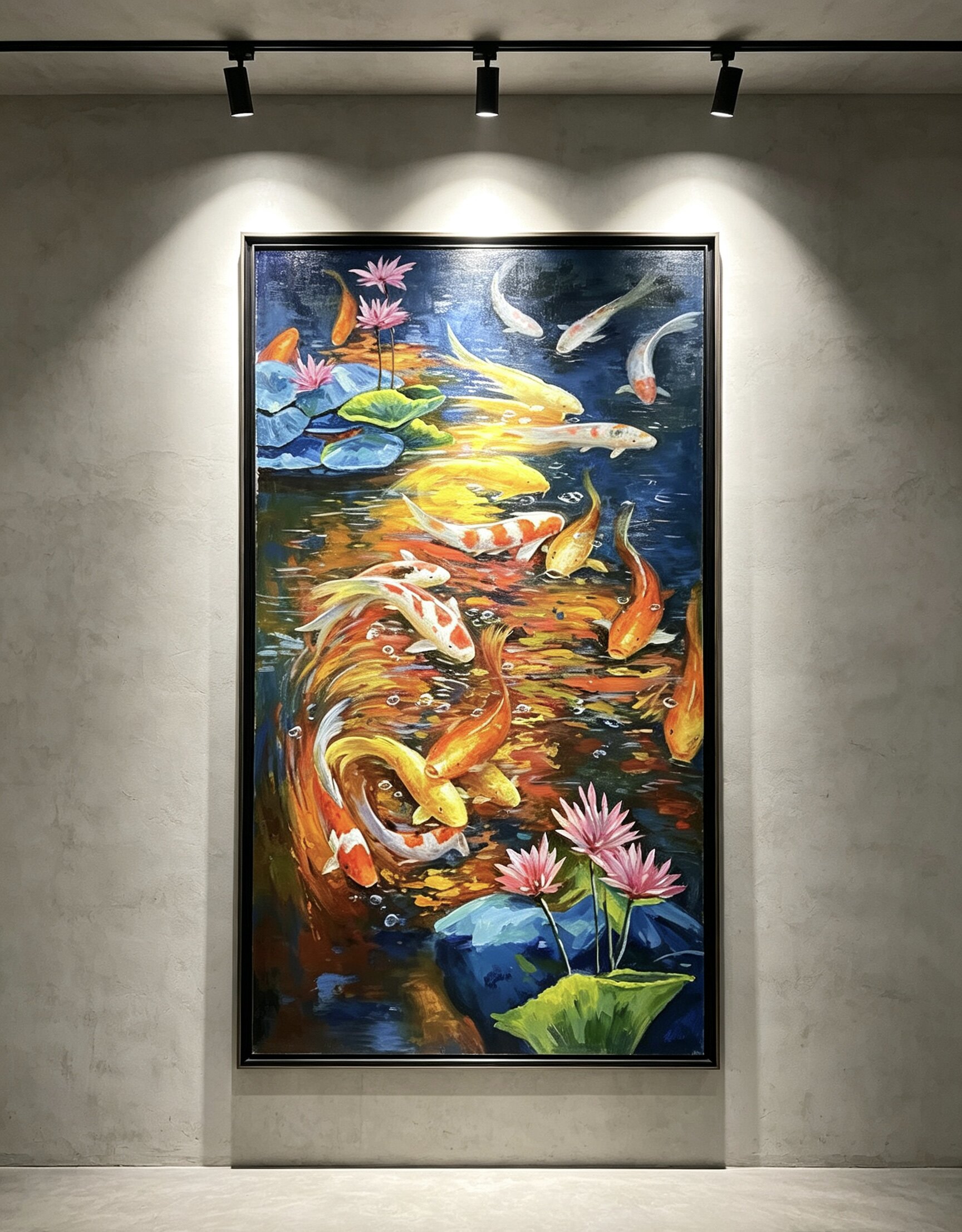 九鱼图手绘油画入户玄关装饰画中古风荷花锦鲤年年有余高级感挂画图片