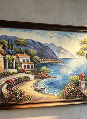 客厅纯手绘油画 面朝大海春暖花开 地中海风景现代玄关艺术装饰画