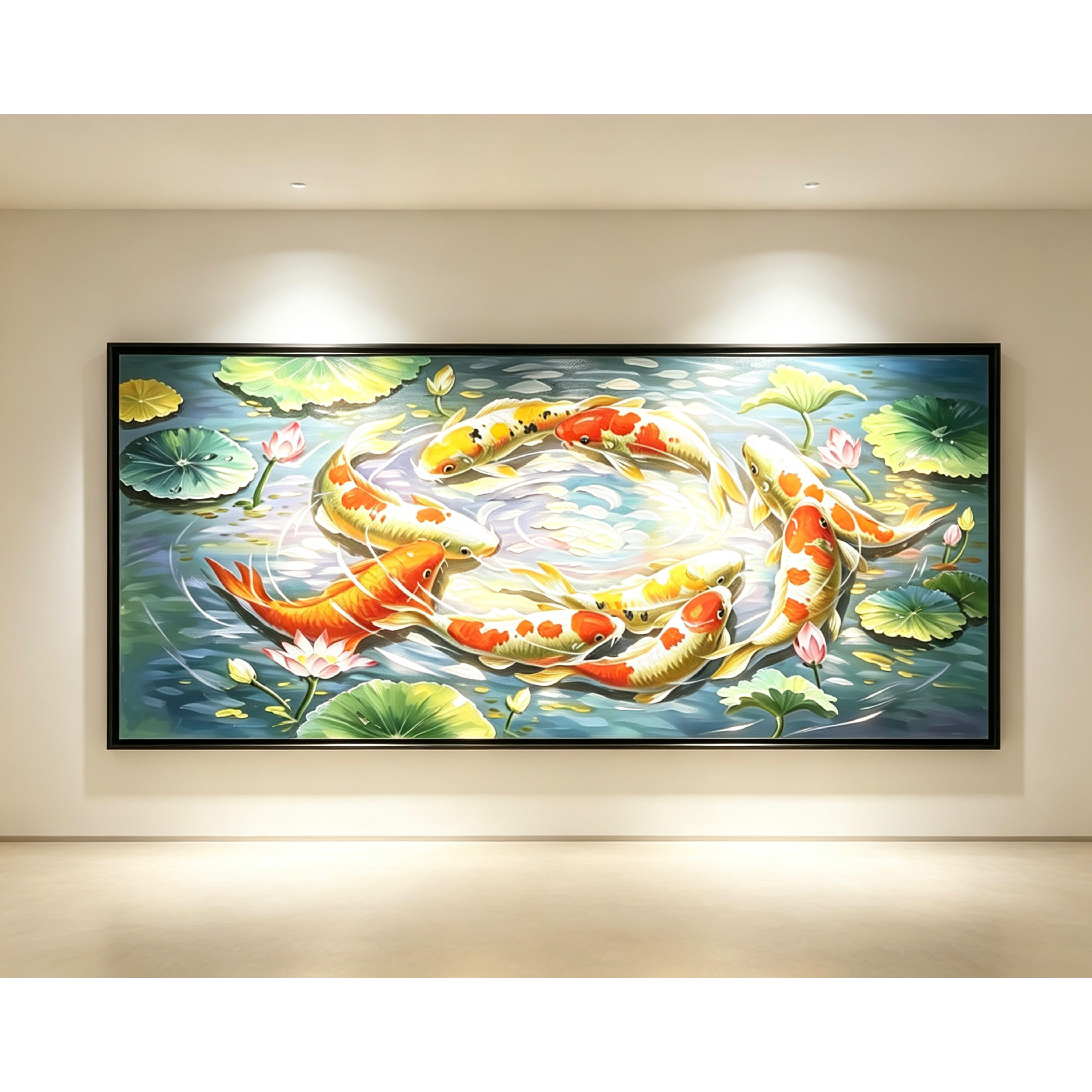 手绘锦鲤九鱼图油画轻奢客厅餐厅装饰画荷花聚财挂画正方形壁画图片