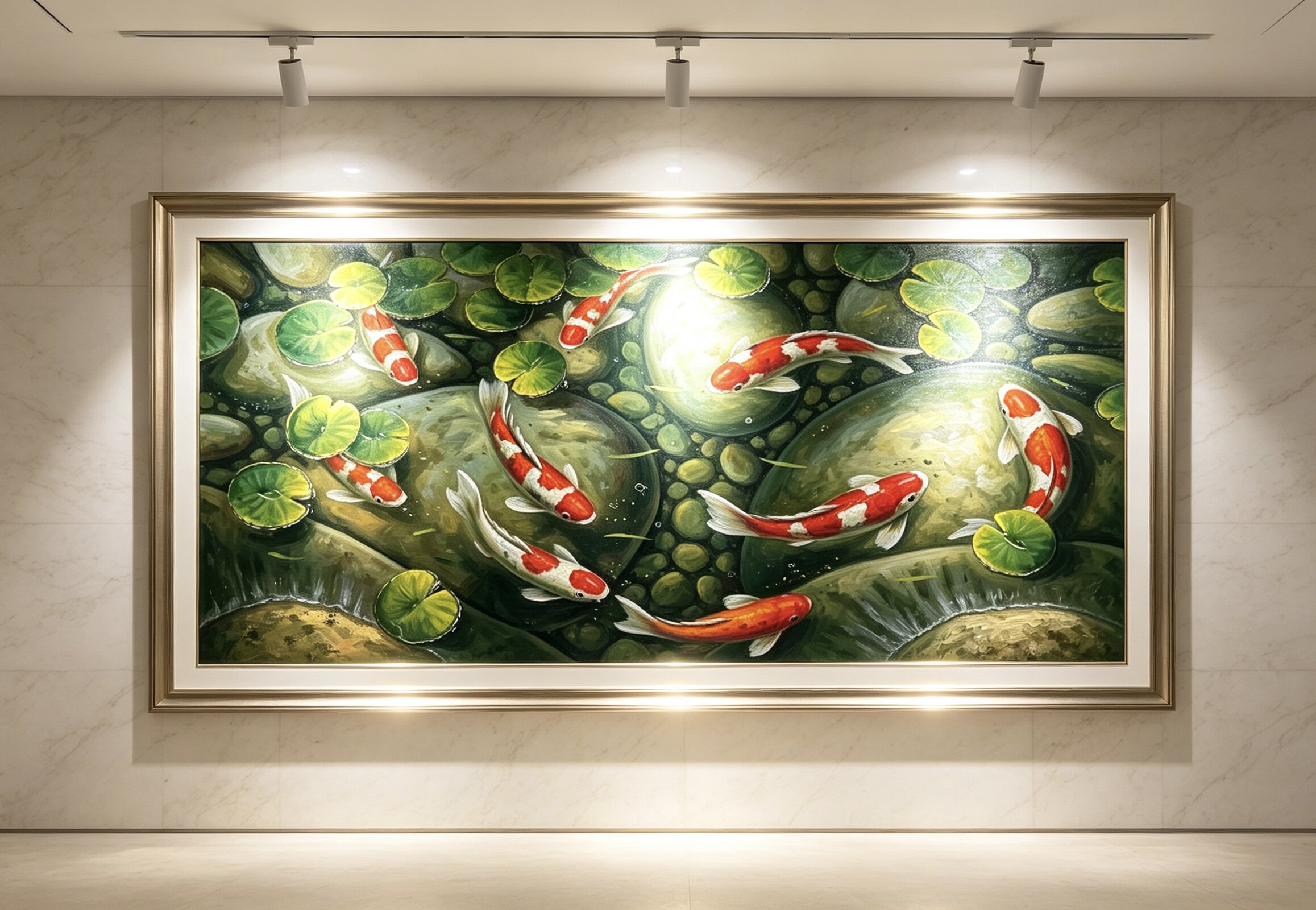 九鱼图手绘油画入户玄关装饰画 现代荷花年年有余高级感挂画图片
