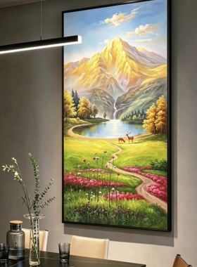 日出风景森林梅花鹿客厅手绘油画白桦树林装饰画一路发财玄关挂画