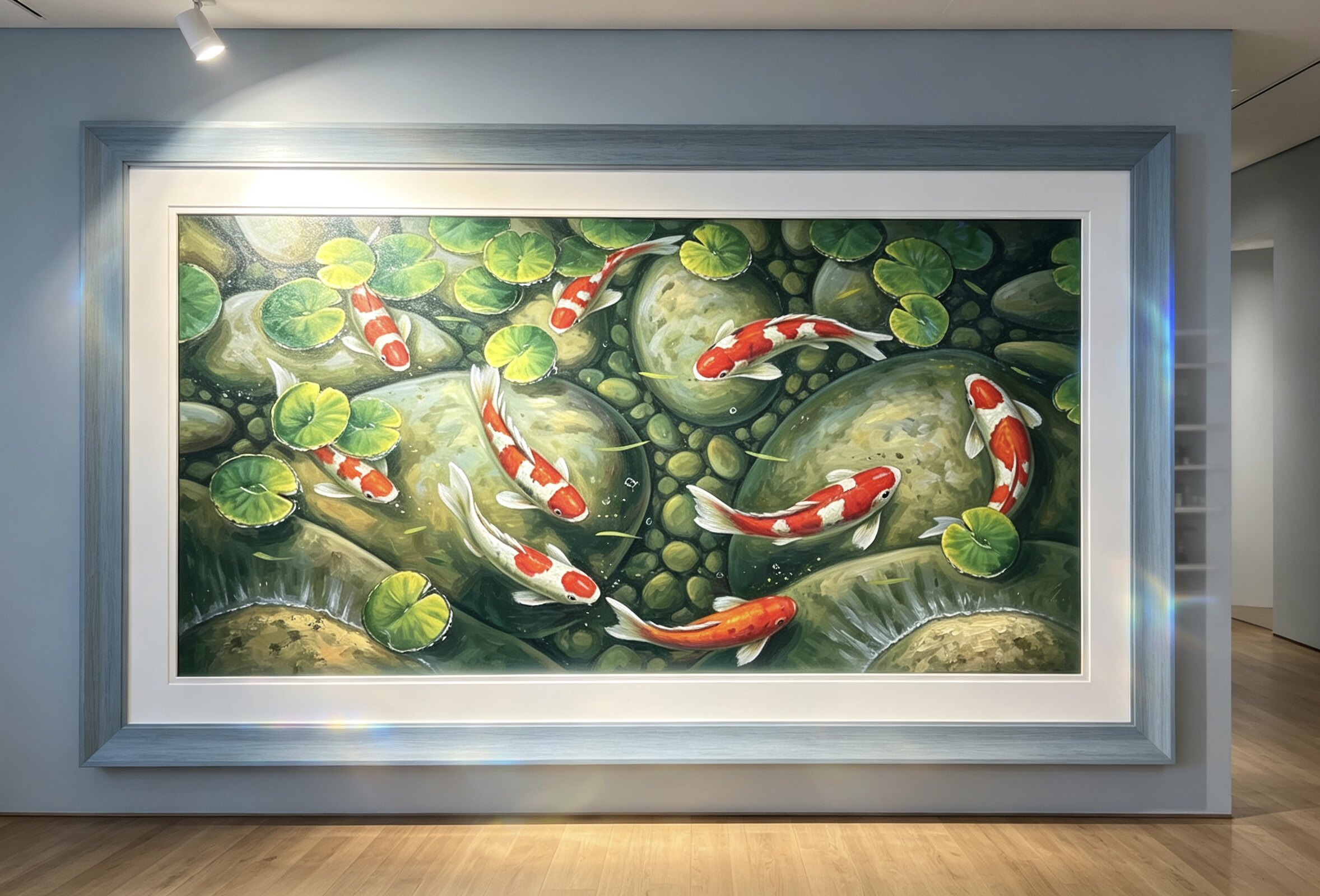 手绘锦鲤九鱼图油画轻奢客厅餐厅装饰画荷花聚财挂画现代简约壁画图片