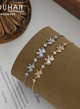 20262026年新款镶锆石个性手饰品女感猫眼石蝴蝶结可调节抽拉手链