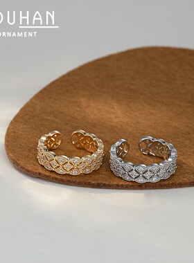 2026真金电镀镶锆石个性开口戒指女感几何麻花指环精致食指戒