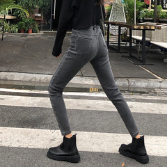 牛仔裤女2022春季新款高腰烟灰色韩版学生显瘦黑色chic紧身小脚裤
