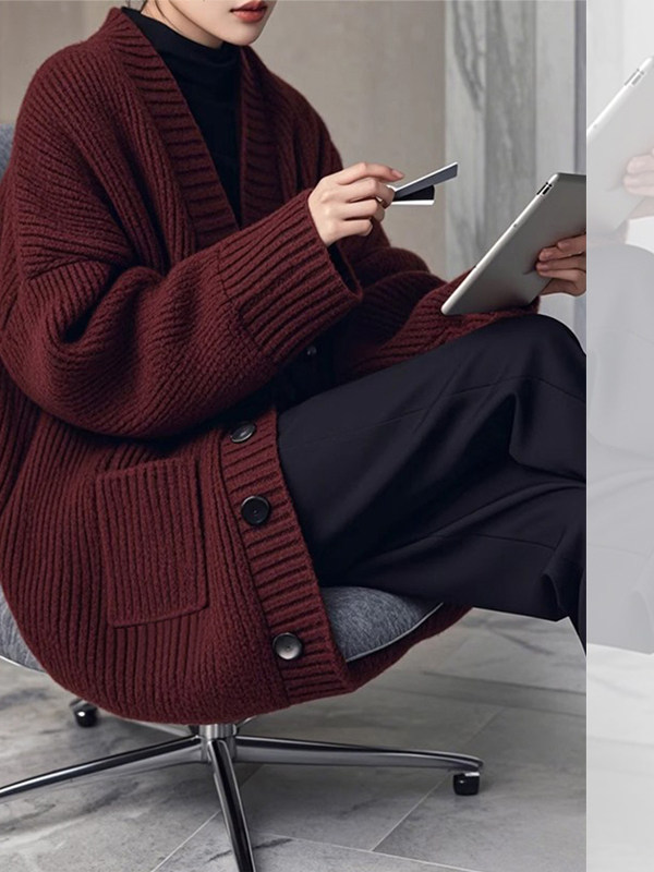 深褐色慵懒风针织开衫毛衣女装秋季新款时尚减龄保暖加厚V领外套,女装/女士精品,大码内搭,淘宝优惠券,粉丝福利购,淘宝优惠卷