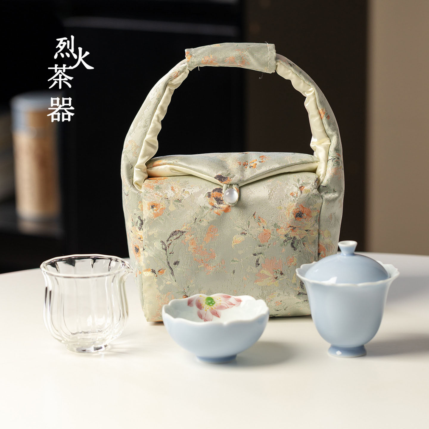 布艺收纳包旅行茶具 手绘莲花盖碗茶杯 户外便携茶具套装伴手礼