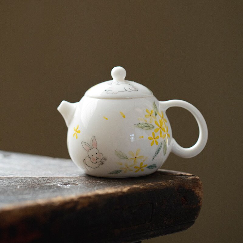 家用小号泡茶壶单壶一人饮茶壶手绘兔子桂花简约陶瓷功夫茶壶家用