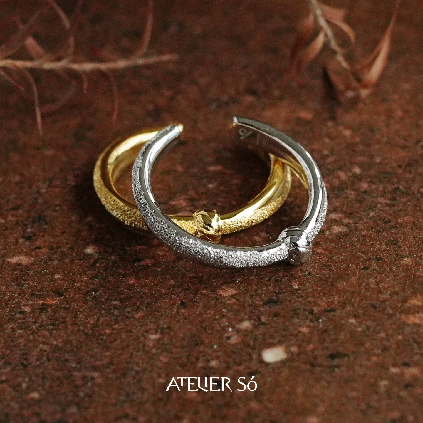 编织钉砂纹理纯银细戒指