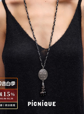 PICNIQUE圆牌流苏编织串珠项链